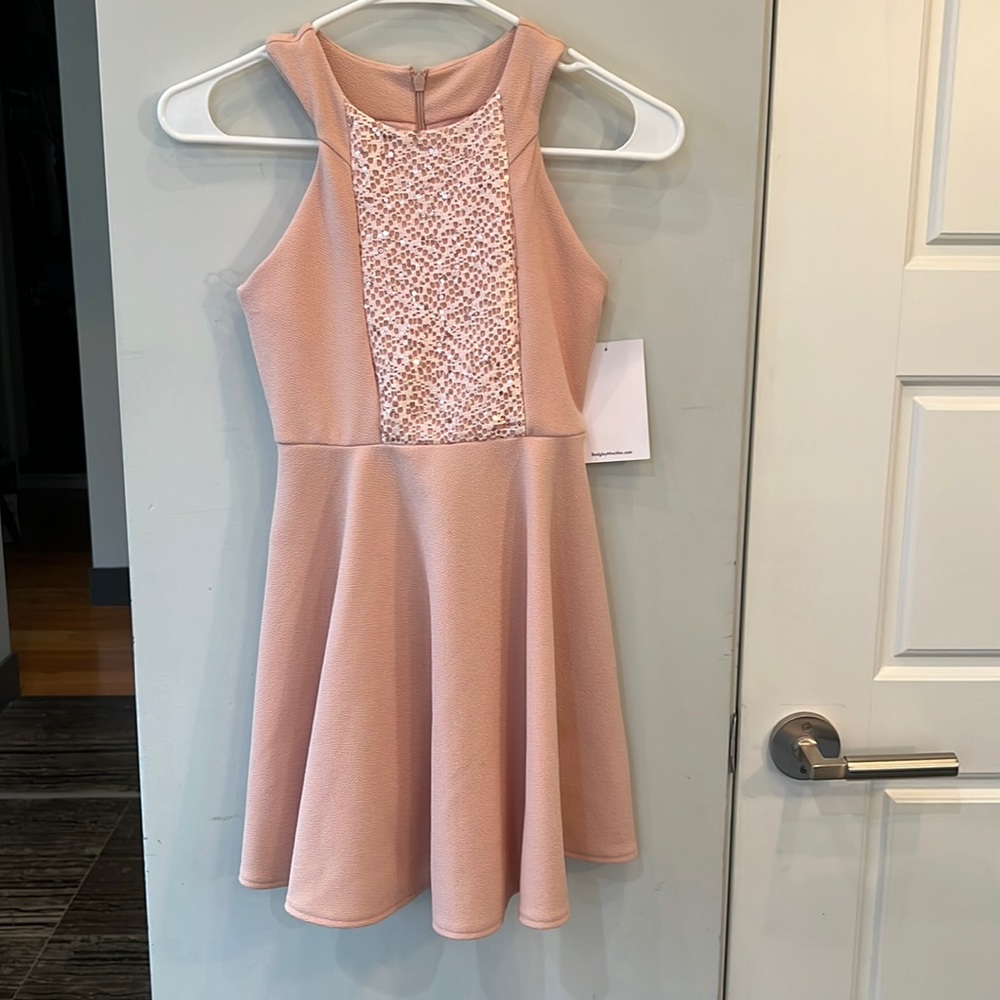 Badgely Mischa peach dress with sequined front.